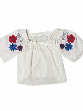 DEAR JOHN White Embroidered Off-Shoulder Top with Red & Blue Flowers